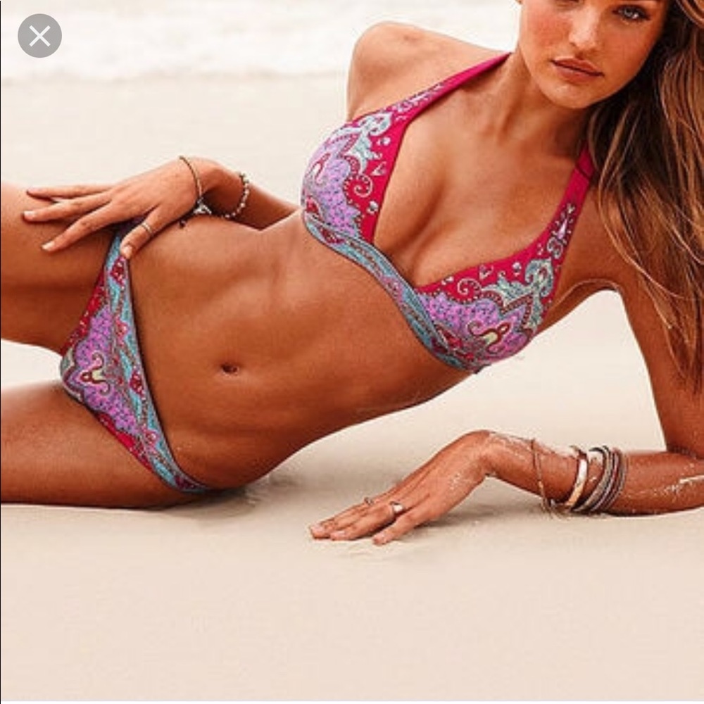 Pink and blue paisley halter bikini set